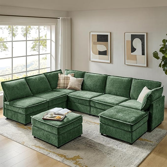 HULALA HOME Oversized Modular Sectional Sofa, 8 Seat U Shaped Couch with Storage Ottoman, Comfy Chenille Sofa with Deep Seat, Convertible Sectional Couches for Living Room, Green