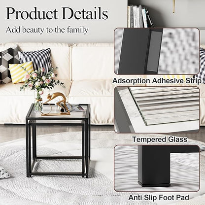 Garden 4 you Coffee Table Set of 2, Modern Patterned Glass Nesting Table, Metal Frame Square Center Table Set, Side Tables, Nesting Coffee Table for Living Room, Bedroom and Small Spaces, 19.7in Black