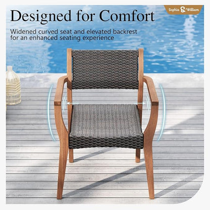 Sophia & William Patio Dining Chair Set of 2, Outdoor Rattan Wicker Dining Chairs with Sturdy Acacia Wood Frame,Weather Resistant Accent Chairs for Garden, Backyard, Poolside, Balcony
