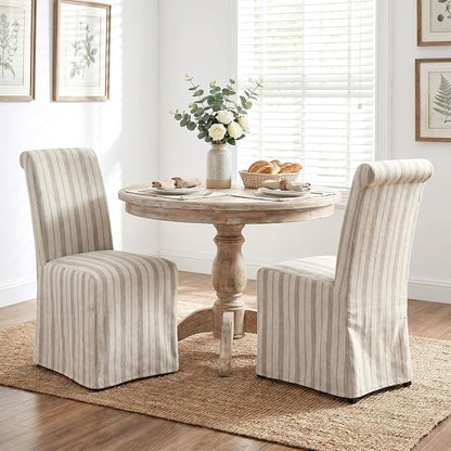 chairus Slipcovered Parsons Dining Chairs Set of 2, Upholstered Dining Room Chairs with Removable Linen Cover & High Back, Modern Farmhouse Wooden Side Kitchen Chairs, Khaki Stripe
