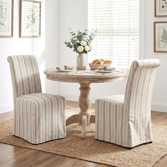 chairus Slipcovered Parsons Dining Chairs Set of 2, Upholstered Dining Room Chairs with Removable Linen Cover & High Back, Modern Farmhouse Wooden Side Kitchen Chairs, Khaki Stripe