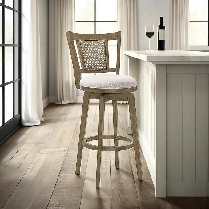 Armen Living Isla 30 in. Putty Brown Bar Height Rubberwood Swivel Barstool with Cream Fabric Seat - Set of 3