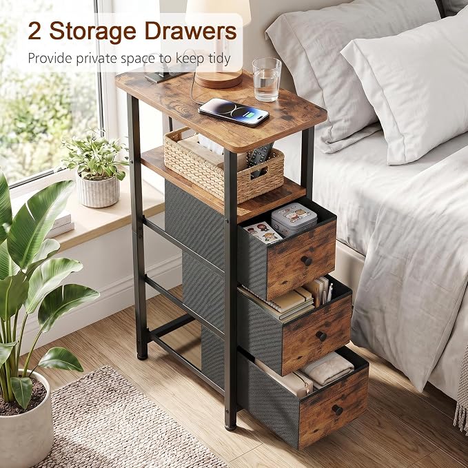 LOAKEKEL Narrow End Tables Living Room Set of 2 with Charging Station, Skinny Side Table with Fabric Drawers, Slim Nightstand for Bedroom, Small Spaces, Couch, Brown, HETNDP03BR