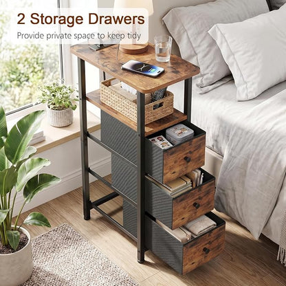 LOAKEKEL Narrow End Tables Living Room Set of 2 with Charging Station, Skinny Side Table with Fabric Drawers, Slim Nightstand for Bedroom, Small Spaces, Couch, Brown, HETNDP03BR