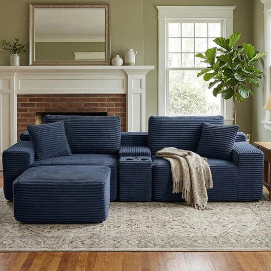 ivoros 111 Inch Modular Sectional Sofa Couch, Oversized Modern Cloud Couch for Living Room, L Shape Couches with Ottomans, USB Ports and Cup Holders, Blue Corduroy Boneless Sofas, Sofa in a Box