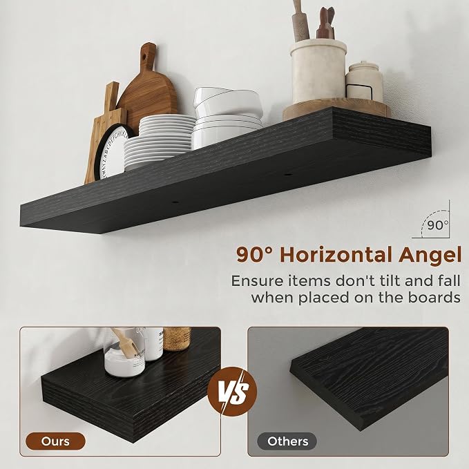 Heimlove 44 Inch Floating Shelves for Wall 8 Inch Deep Black Shelves Set of 2,Wall Mounted Rustic Wood Long Floating Shelf，Large Display & Storage Shelf with Invisible Brackets