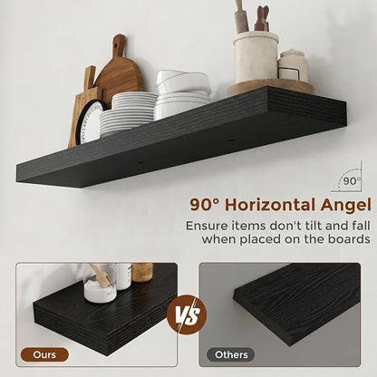 Heimlove 44 Inch Floating Shelves for Wall 8 Inch Deep Black Shelves Set of 2,Wall Mounted Rustic Wood Long Floating Shelf，Large Display & Storage Shelf with Invisible Brackets