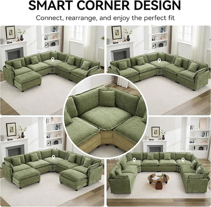 113'' V Shaped Cloud Sectional Sofa, Oversized Deep Seat Couches for Living Room, Chenille Comfy Upholstered Modular Sectional Sofa Couch, Green