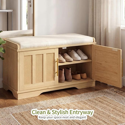 Heybly Shoe Cabinet with Bench, Rattan Entryway Storage Bench with Cushion, Shoe Storage Bench Cabinet with 2 Doors, Adjustable Shelves, Wooden Shoe Bench 31.5" for Living Room Bedroom Hallway HSB001N