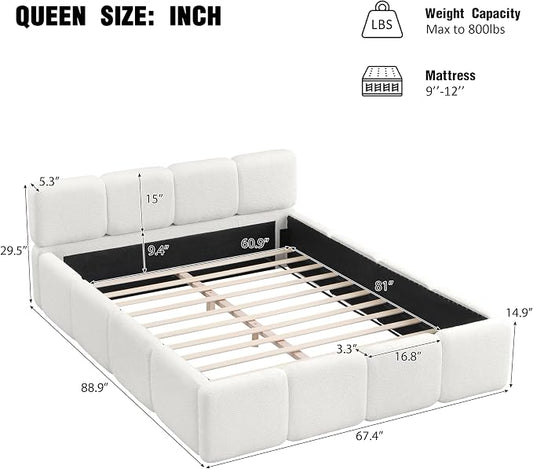 Merax Queen Size Boucle Platform Bed with Thick Headboard and Footboard, Block Style Upholstery Grounded Bed Frame, White