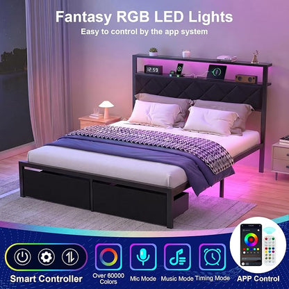 Queen Bed Frame with LED Lights, Charging Station & 2 Storage Drawers, Metal Platform with Upholstered Headboard, No Box Spring Needed, Easy Assembly