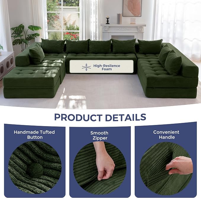 MAXYOYO Modular Sectional Sofa Couch, Foldable Oversized U Shaped Cloud Couch with Pillows, Tufted Boneless Lounger Floor Sofa Bed for Living Room, No Assembly Required, Dark Green