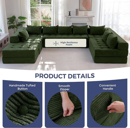 MAXYOYO Modular Sectional Sofa Couch, Foldable Oversized U Shaped Cloud Couch with Pillows, Tufted Boneless Lounger Floor Sofa Bed for Living Room, No Assembly Required, Dark Green