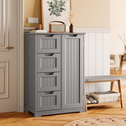Gizoon Small Pantry with Door and Shelves, 33'' Kitchen Pantry Cabinet Freestanding Wooden Bathroom Storage Cabinet with 4 Drawers for Kitchen and Dining Room, Gray, Painted