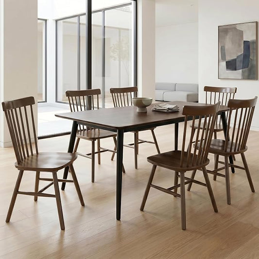 AreShark Windsor Dining Chairs, Farmhouse Wooden Dining Room Chairs, Solid Wood Kitchen Chairs with Spindle Back Set of 6, Walnut