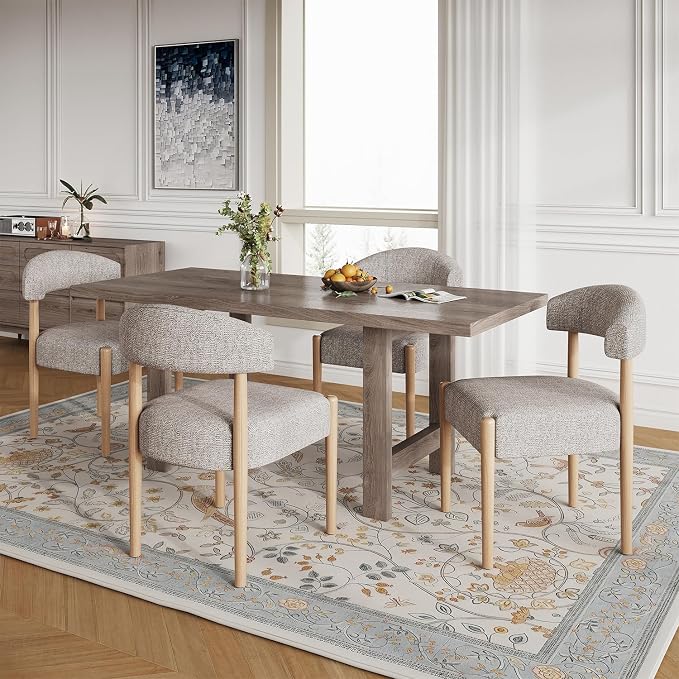 VKNOW Wooden Dining Chairs Set of 4 with Curved Open Back, Brown | Natural Rubberwood Legs, Soft Chenille Fabric, Thickened Cushion, For Adults and Family, Dining Room, Kitchen, No Wobble