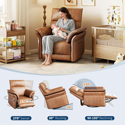 Power Recliner Chair with Side Pockets, 270° PU Leather Swivel & Glider Rocker Armchair with USB Charging Port and Thickened Dual-Layer Armrests, Modern Recliner for Living Room&Nursery (Walnut)