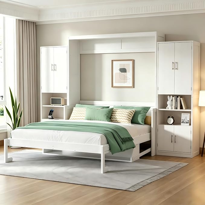 PVWIIK Queen Size Murphy Bed with Drawers & Desk,Charging Station & Storage Shelf for Small Space,Bedroom,Guest Room,Hidden Wall Bed Frame Folding into Cabinet Design,White