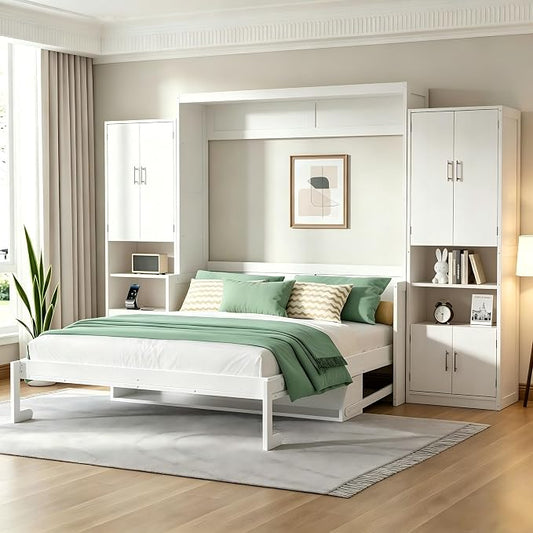 PVWIIK Queen Size Murphy Bed with Drawers & Desk,Charging Station & Storage Shelf for Small Space,Bedroom,Guest Room,Hidden Wall Bed Frame Folding into Cabinet Design,White