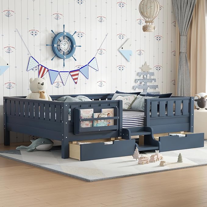 Bellemave Queen Size Bed with Slats and Stairs, Queen Size Platform Bed Frame with Fence, Bookshelf and Storage Drawers, Easy Assemble Beds for Girls, Boys, Blue