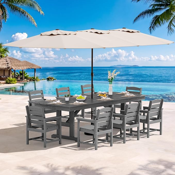 SERWALL 10 Piece 84" HDPE Outdoor Dining Set for 8 with 15ft Double-Sided Umbrella, Gray