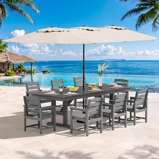 SERWALL 10 Piece 84" HDPE Outdoor Dining Set for 8 with 15ft Double-Sided Umbrella, Gray