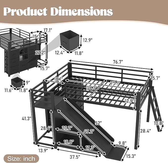 Bellemave Twin Size Low Loft Bed with Slide & 7 Fabric Storage Drawers,Metal Loft Bed Frame with Shelves and LED Lights for Boys Girls,Kids Loft Bed Twin,Black