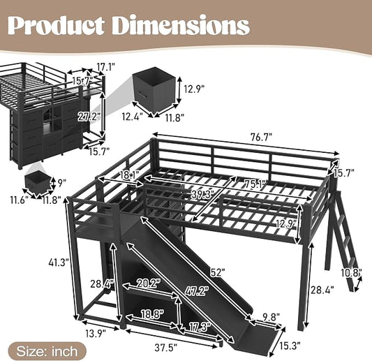 Bellemave Twin Size Low Loft Bed with Slide & 7 Fabric Storage Drawers,Metal Loft Bed Frame with Shelves and LED Lights for Boys Girls,Kids Loft Bed Twin,Black