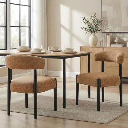 VKNOW Wooden Dining Chairs Set of 2 with Black Rubberwood Legs, Orange | Soft Chenille Fabric, Curved Open Back, Thickened Cushion, For Adults and Family, Dining Room, Kitchen, No Wobble