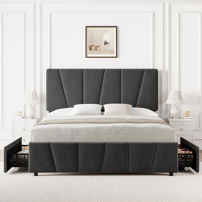 Queen Size Bed Frame with Upholstered Headboard & 4 Storage Drawers with Wheels, Platform Bed Frame with Wooden Slat Support, Adjustable Headboard, No Box Spring Needed, Noise-Free, for Bedroom