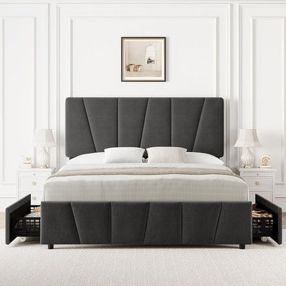 Queen Size Bed Frame with Upholstered Headboard & 4 Storage Drawers with Wheels, Platform Bed Frame with Wooden Slat Support, Adjustable Headboard, No Box Spring Needed, Noise-Free, for Bedroom