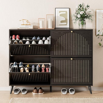 Fsbecl Shoe Storage Cabinet for Entryway with 4 Flip Drawers, Narrow Shoe Organizer with Fluted Panel, Freestanding Wood Hidden Shoe Cabinet (Black, 4 Flip Drawers)
