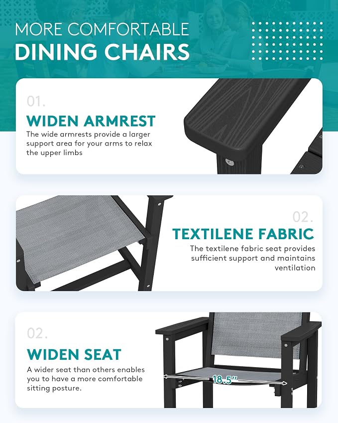 SERWALL HDPE Outdoor Dining Set for 8 with Textilene Chairs, Black | 60" - 83" Aluminum Expandable Patio Dining Table and Breathable Textilene Chairs, All Weather HDPE Patio Furniture Set