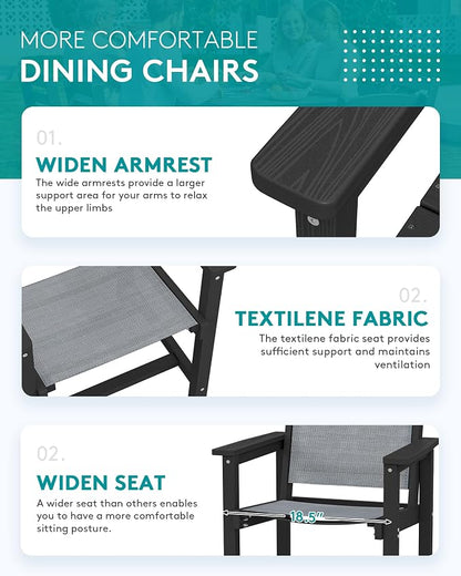 SERWALL HDPE Outdoor Dining Set for 8 with Textilene Chairs, Black | 60" - 83" Aluminum Expandable Patio Dining Table and Breathable Textilene Chairs, All Weather HDPE Patio Furniture Set
