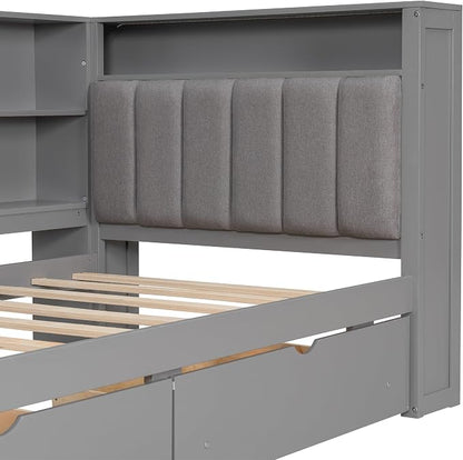 Bellemave Twin Corner Bed with Storage Shelves and Desk, Upholstered Headboard Daybed with Bookcase and Drawers，Daybed with Storage, Grey+ Grey Cushion