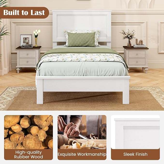 GOFLAME Twin Size Wood Bed Frame, Mid-Century Modern Platform Bed with Headboard, Solid Wood Legs, Mattress Foundation with 12 Wooden Slats, No Box Spring Needed, White