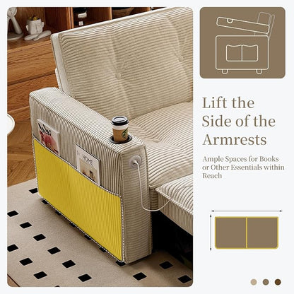 73.2'' Futon Sofa Bed Full Size, Pre-Assembled Pull Out Couch, Adjustable Backrest, Corduroy Convertible Sleeper Sofa, 2 Cup Holders, Pockets, USB, Loveseat for Living Room, Apartment, Beige | Soft Material