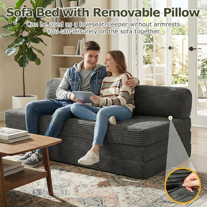 5-in-1 Convertible Sofa Bed, Boneless Loveseat with Removable Cushions & Washable Corduroy Cover, Futon Sofa Bed with Handle, Pull Out Couch for Small Spaces, Full Size, Grey