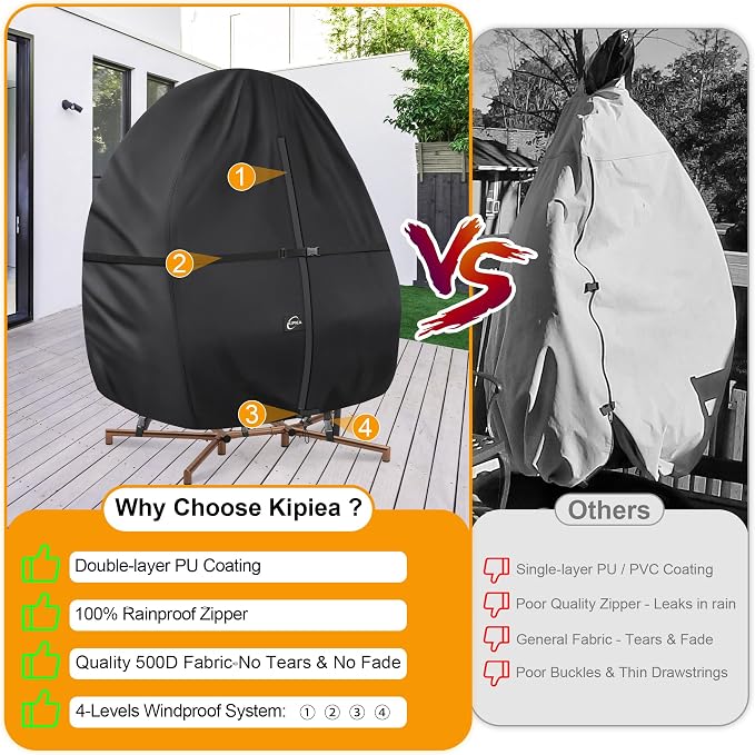 Kipiea Patio Egg Chair Covers Waterproof, 500D Upgraded Outdoor Hanging Egg Chair Covers with Waterproof Zipper, Double Seat Swing Egg Chair Cover, Windproof, Anti-UV, No Tears (Up to 80" W x 91" H)