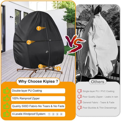 Kipiea Patio Egg Chair Covers Waterproof, 500D Upgraded Outdoor Hanging Egg Chair Covers with Waterproof Zipper, Double Seat Swing Egg Chair Cover, Windproof, Anti-UV, No Tears (Up to 80" W x 91" H)