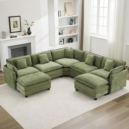 113'' V Shaped Cloud Sectional Sofa, Oversized Deep Seat Couches for Living Room, Chenille Comfy Upholstered Modular Sectional Sofa Couch with 2 Movable Ottoman, Green