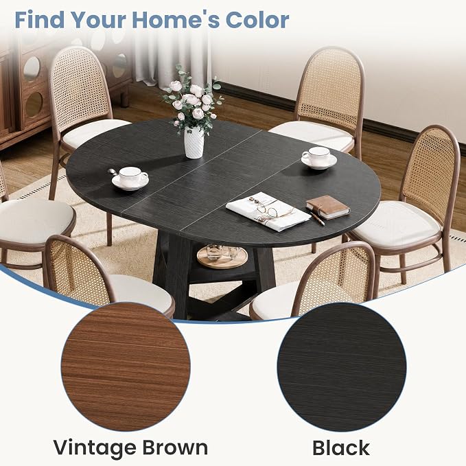 DUMOS Extendable Round Dining Table for 4-6, Modern Kitchen Oval Dinner Table with Storage Shelf, Wood Pedestal Base, Space Saving Modern Style, Black
