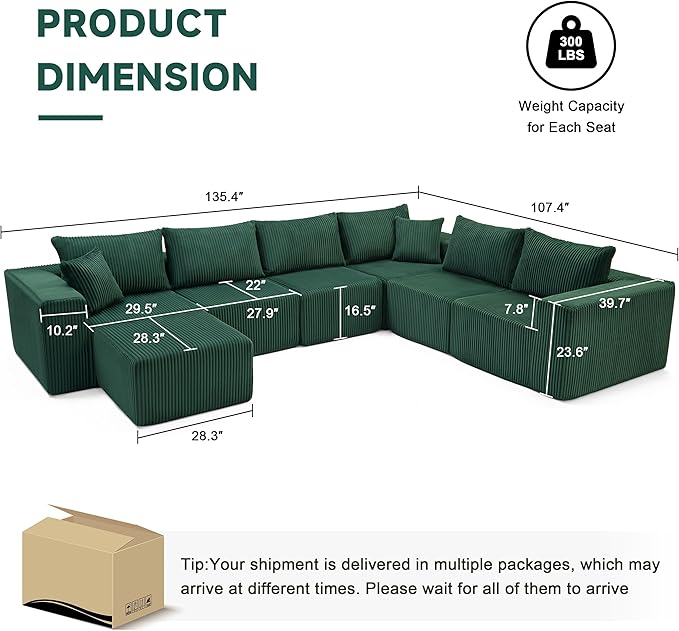 U-Shaped Boneless Couch, Cloud Couch Sectional, Modular Sofa with Deep Seat, Convertible Sectional Couches for Living Room, Plush Corduroy U Shaped Boneless Couch (Green, 6 Seater & 1 Ottoman)