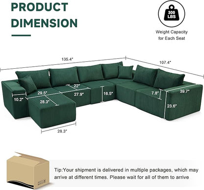 U-Shaped Boneless Couch, Cloud Couch Sectional, Modular Sofa with Deep Seat, Convertible Sectional Couches for Living Room, Plush Corduroy U Shaped Boneless Couch (Green, 6 Seater & 1 Ottoman)