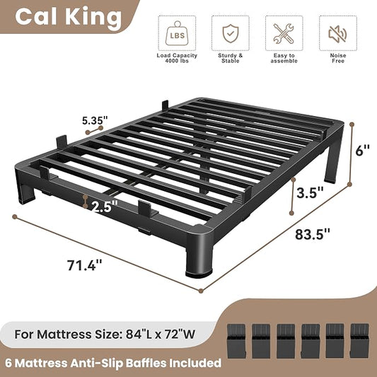 MAF 6 Inch California King Metal Platform Bed Frame with Anti-Collision Round Legs, Black 3500 Lbs Heavy Duty Bed Frame Steel Slats Support, No Box Spring Needed, Easy Assembly