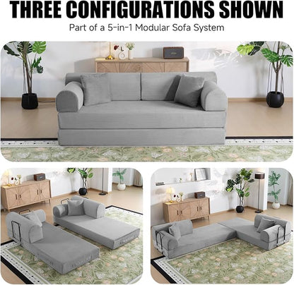 78.8" Boneless Memory Foam Couch, Corduroy Convertible Floor Sofa Bed, Fold-Out Sleeper Futon Loveseat, Wide Armrests & Supportive Back, 1200 lb, Couch in a Box, 2 Pillows, Light Grey