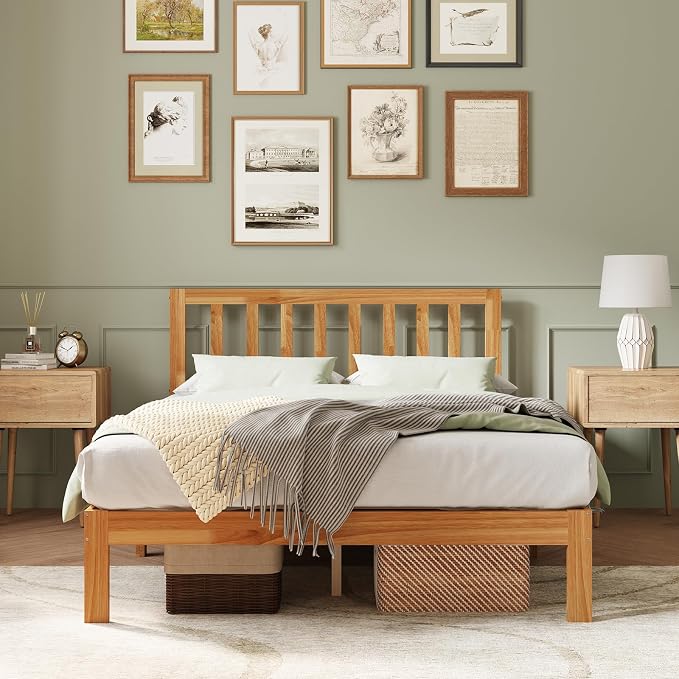 Novilla 12inch King Size Bed Frame Wooden King Bed Frame and Headboard, Classic King Size Bed Frame with Headboard, No Box Spring Needed, Easy Assembly, Natural
