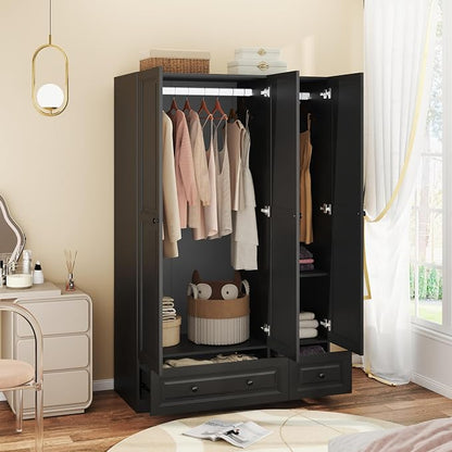 Armoire Wardrobe Closet with Drawers: 74" Black Wardrobe Closet with 3 Doors, Bedroom Armoires with 2 Drawers, Wood Closets Cabinet for Hanging Clothes (Black, 47")