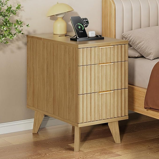 Kalrin Narrow Nightstand with Hidden Outlets & USB Ports, Modern Fluted Bedside Table with 3 Drawers, Engineering Wooden End Tables for Bedroom and Living Room(Natural Oak)