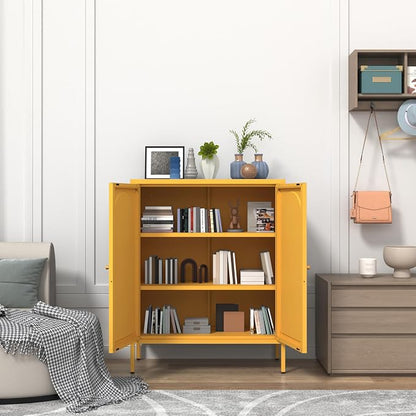 Yellow Lockable Metal Accent Storage Cabinet, 2 Door Freestanding Sideboard with Adjustable Shelves, Kitchen Organizer with Magnetic Doors for Dining Room Living Room Office